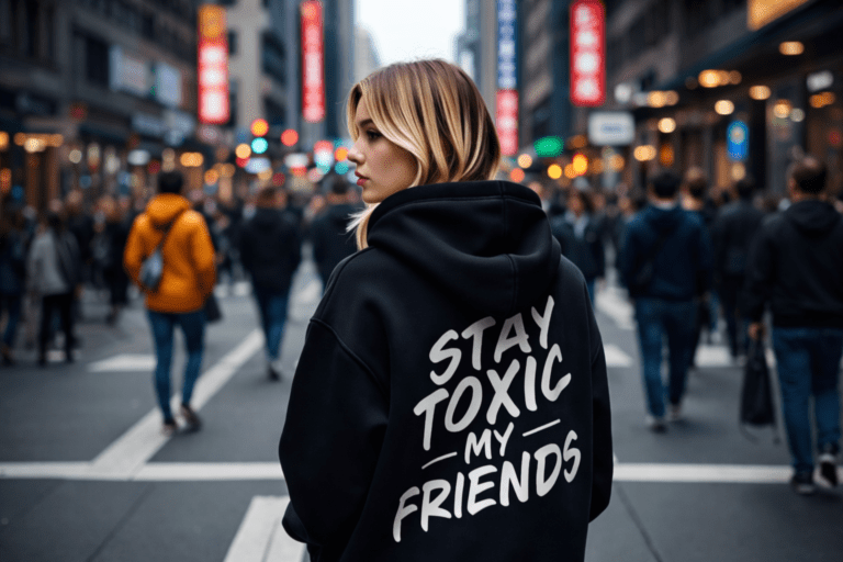 Girl in black stay toxic my friends hoodie on busy street of new york
